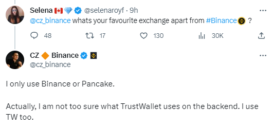 赵长鹏称其只使用币安或PancakeSwap交易所，并且使用TrustWallet钱包-第1张图片-旋风百科